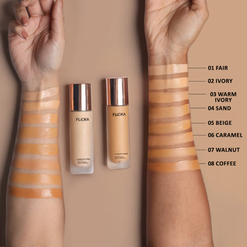 FLiCKA Flawless Femme HD Liquid Foundation Dewy Finish Long Lasting Medium High Coverage