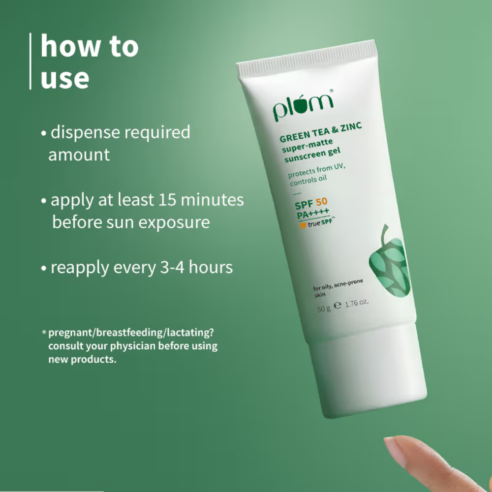 Plum Green Tea & Zinc Super-Matte SPF 50 Sunscreen Gel For Oily, Combination Skin, No White Cast