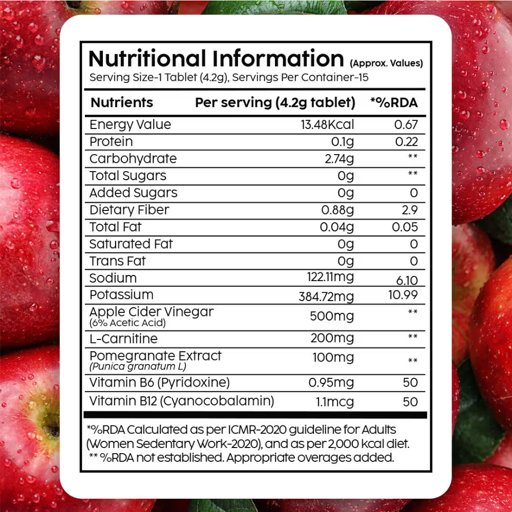 Plix ACV Apple Cider Vinegar L-carnitine Effervescent Tablets Convert Fat Into Energy Vit B6 & B12