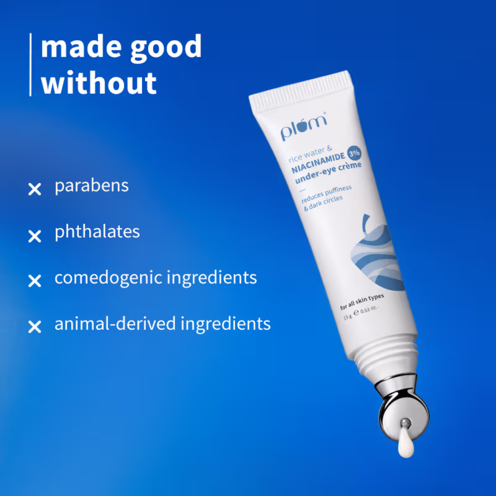 Plum Rice Water & Niacinamide 3% Under-Eye Crème, with Peptides Ceramides & Caffeine