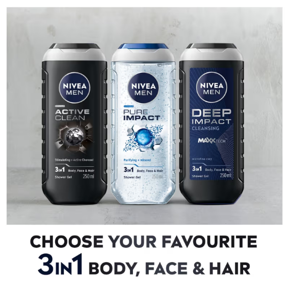 NIVEA MEN Body Wash, Deep Impact, 3 in 1 Shower Gel for Body, Face & Hair, with Microfine Clay