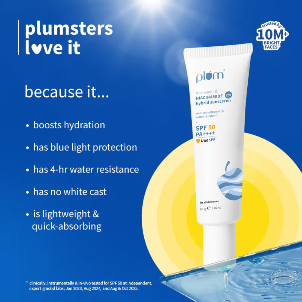 Plum 2% Niacinamide & Rice Water SPF 50 PA+++ Sunscreen - Fades Tan, For Oily To Dry Skin Type