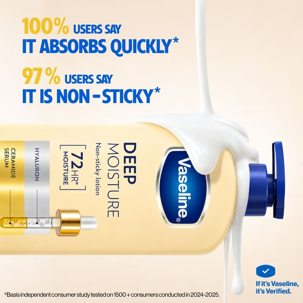 Vaseline Deep Moisture Body Lotion ,For Dry Skin, Moisturised Glowing Skin, With Pro Ceramides