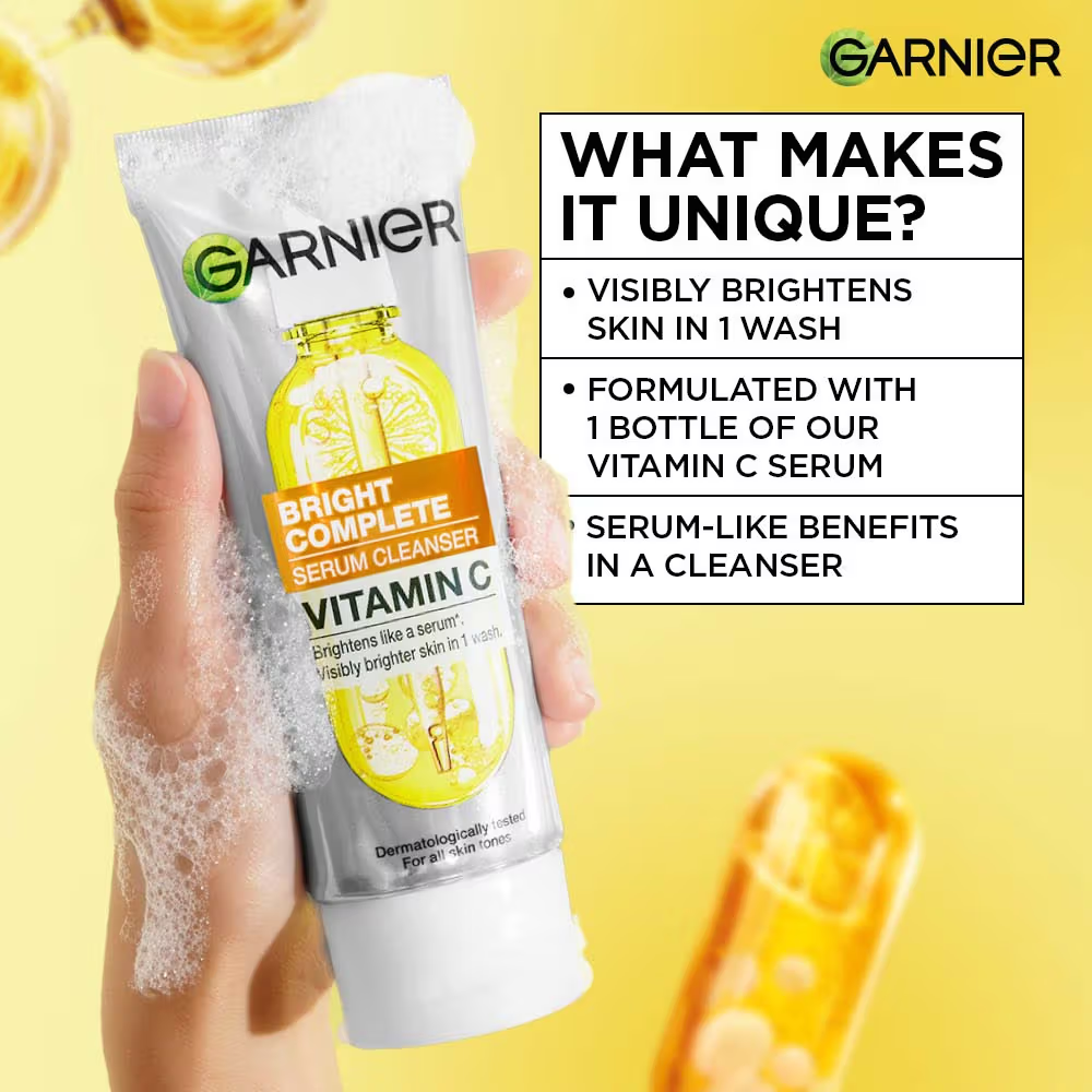 Garnier Vitamin C+ Serum Face Wash Brightening & Tan Removal Gentle Cleanser For All Skin Types