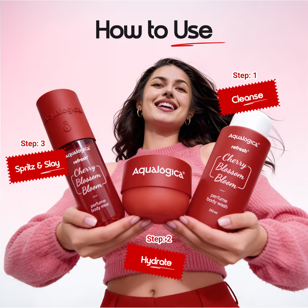 Aqualogica Cherry Blossom Bloom: Body Wash, Hydra Gel, Mist + Sling Bag & Charms Hot Girl Essentials