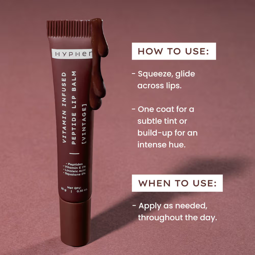 Hyphen Tinted Lip Balm- Vintage, 1% Vit E, 2% Squalane & Peptides, Brightens, Moisturizes Dry Lips