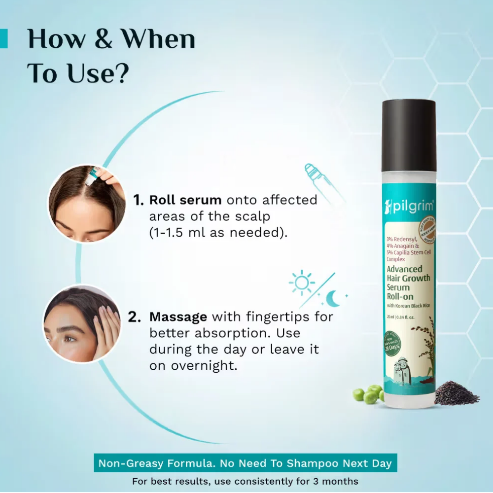 Pilgrim 3% Redensyl & 4% Anagain Advance Hair Growth Serum Roll-On With Rosemary & Korean Black Rice