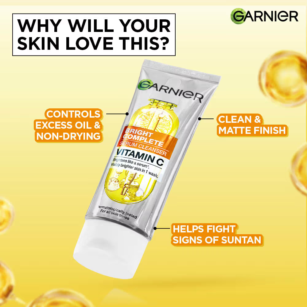 Garnier Vitamin C+ Serum Face Wash Brightening & Tan Removal Gentle Cleanser For All Skin Types