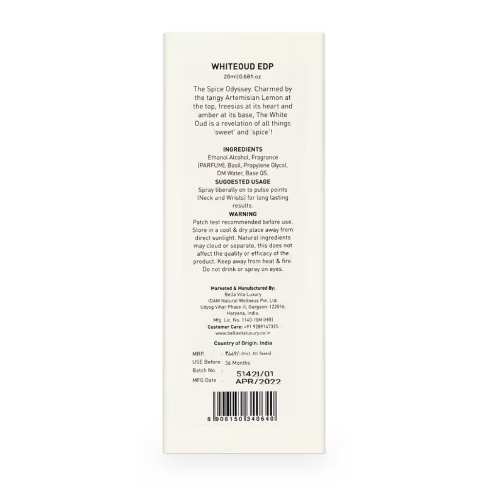 Bella Vita White Oud Eau De Perfume for Men & Women