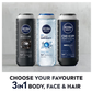 NIVEA MEN Body Wash, Active Clean with Active Charcoal, Shower Gel for Body, Face & Hair