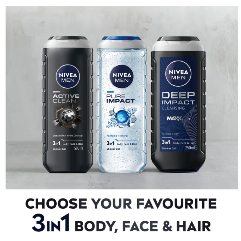 NIVEA MEN Body Wash, Active Clean with Active Charcoal, Shower Gel for Body, Face & Hair