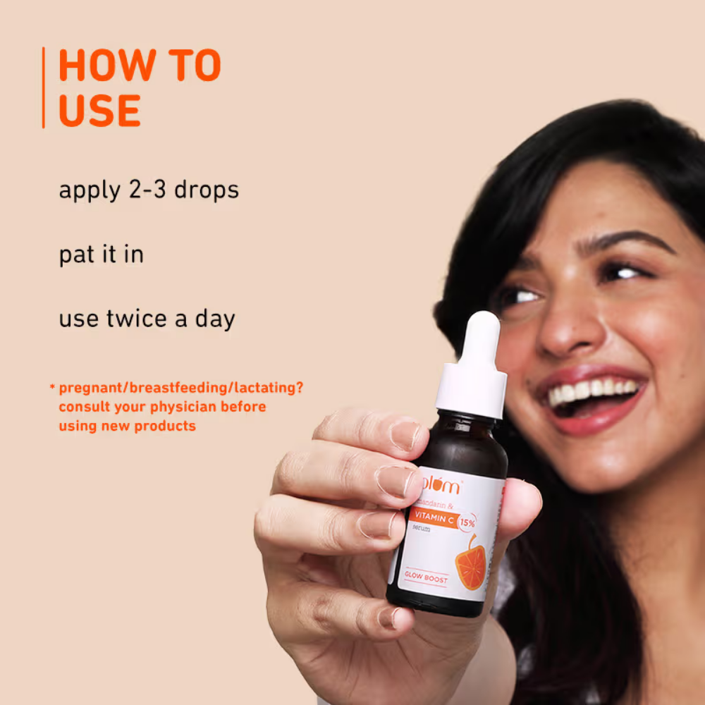 Plum Mandarin & 15% Vitamin C Glow Face Serum Dermat Tested To Fight Dark Spots & Dull Skin