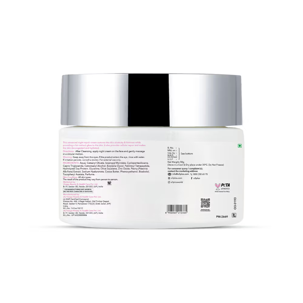 O3+ Night Repair Cream - Moisturiser For Brightening & Glow Boosting | Fades Finelines & Wrinkles